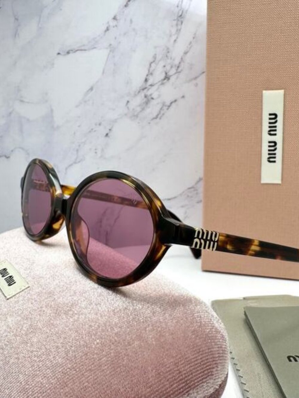 New MIU MIU Sunglasses Brown Tortoise Round Acetate Gold Metal Logo Authentic